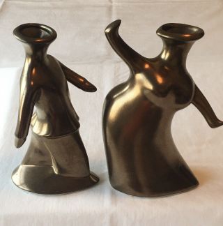 Vintage Michael Lambert Art Pottery Figural Gold Glaze Signed Vases (pair)