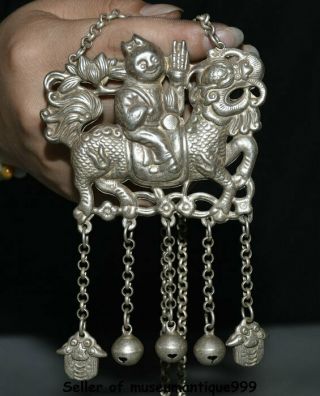 4.  8 " Old Chinese Silver Dynasty Palace Tongzi Kid Ride Kylin Qilin Beast Pendant
