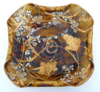 Old Signed Asian Porcelain Amber Brown Bowl Gilt Grasses Daisies