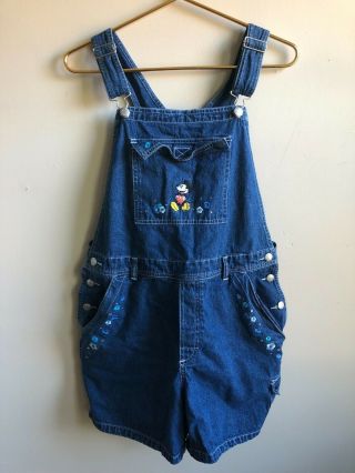 Vtg 90s Disney Store M Mickey Mouse Blue Flower 100 Cotton Denim Overall Shorts