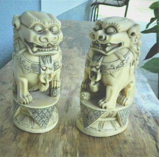 Oriental Vintage Rare Ivory Color Carved Foo Dogs / Lions