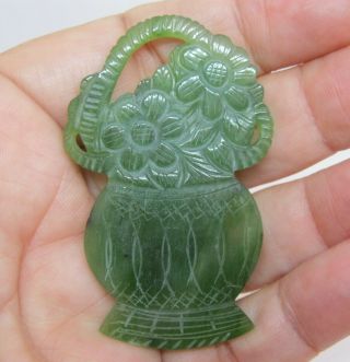 Chinese Nephrite Green Hand Carved Jade Pendant Flower Basket Vintage Jade