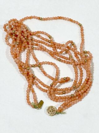 Estate Vintage Coral & Gold Bead Necklace 32” Angel Skin Salmon 14k Gold Clasp