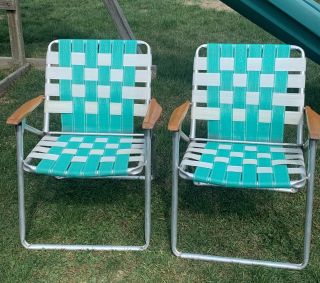 Vintage Set Of 2 Aluminum Folding Lawn Chairs Webbed Porch Patio Wooden Arm Rest