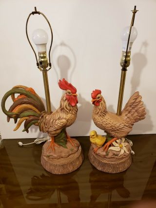 Vintage Chicken Ceramic Table Lamps Hand Painted Pair 22 "