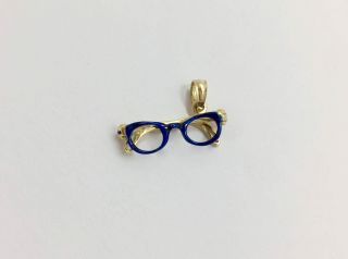Vintage 3d Small Blue Frame Glasses Moving Pendant Charm 14k Yellow Gold 585