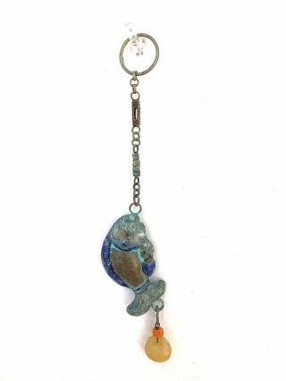 Antique Qing Silver Hollow Amulet: Fish With Jade And Coral Bead (g36))