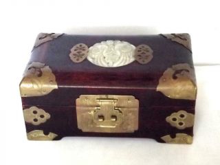 Vintage Chinese Jewelry Box Dark Wood Etch Brass Carved Jade Cranes Birds 7x4x3 "