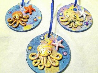Set Of 3 Octopus Ornaments Ooak Polymer Clay Unique Fantasy Squid Monster Fish