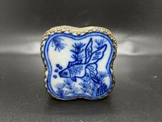 Antique Chinese Porcelain Shard Silver Plate Trinket Snuff Box Fish