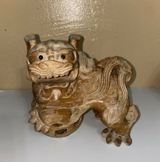 Vtg Chinese Hand Carved Wood Foo Dog With Rattle