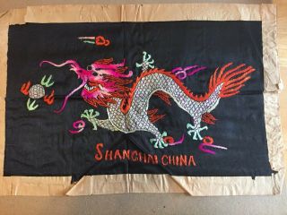 Vintage Silk Chinese Dragon Hand Embroidered Shanghai China 1940 