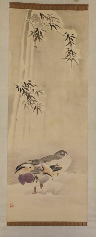 Japanese Hanging Scroll Art Painting " Mandarin Ducks " Asian Antique E3064