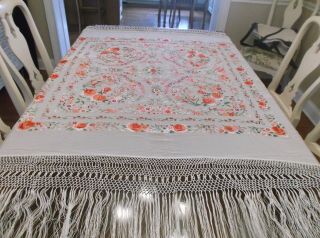 Lovely Vintage Hand Embroidered Floral Silk Piano Shawl With Fringe Exc