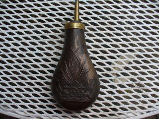 Vintage Gun Powder Flask With Cannons,  Rifles And Pistols Copper & Brass