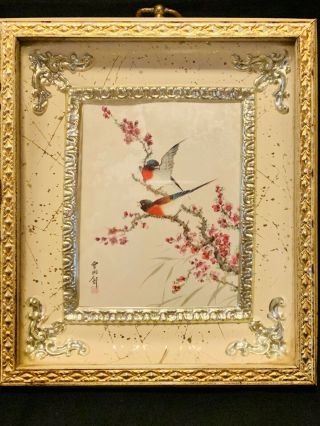 Vtg Japanese Art Water Color On Silk “cherry Blossoms” Birds Signed