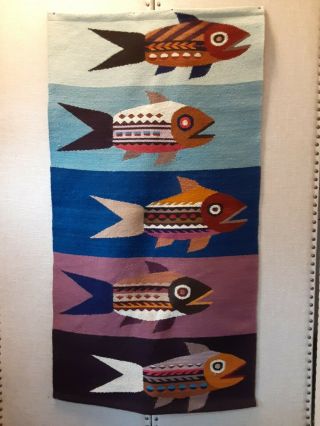 Vintage Stacked Fish Woven Wool Wall Hanging Rug Art Zapotec Mexico