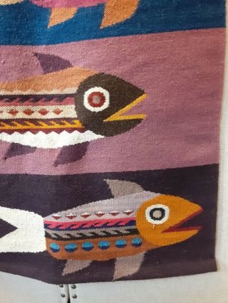 Vintage Stacked Fish Woven Wool Wall Hanging Rug Art Zapotec Mexico 2