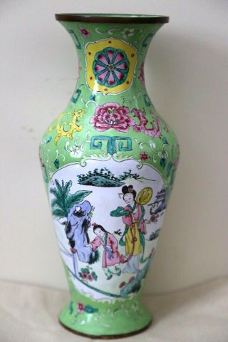 19th C Large Antique Chinese Cloisonne Vase With Lady Figures And Birds