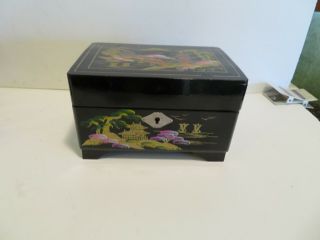 Black Lacquer Ware Enamel Musical Trinket Jewelry Box Asian Japanese 7 X 5 X 4.  5
