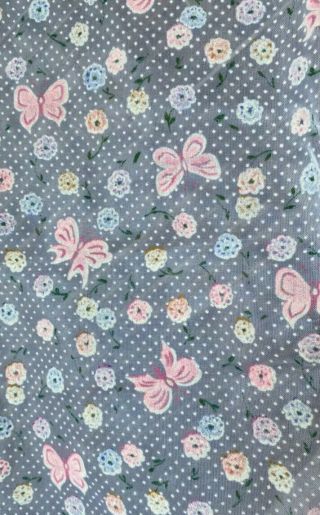 Vintage 1960s Sheer Flocked Swiss Dot Floral Butterfly Fabric 2 Curtain Panels