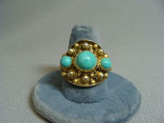 Vintage Chinese Export Silver & Gold Vermeil Turquoise Ball Adjustable Ring