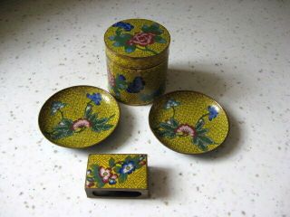 Antique Chinese Cloisonné Smoking Set Matchbox,  Jar,  2 Ashtrays Circa 1920s?