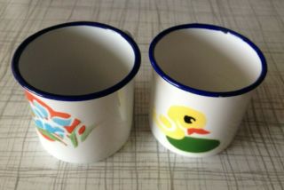 Two Vintage Chinese White Enamel Cups With Flower & Duck Decoration Chairman Mao