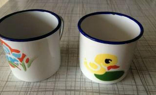 Two vintage Chinese white enamel cups with flower & duck decoration Chairman Mao 3