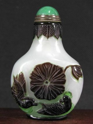 Chinese Carp Mandarin Duck Lotus Flower Carved Peking Overlay Glass Snuff Bottle