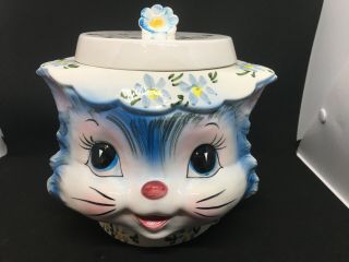 Lefton Miss Priss Blue Kitty Cat 4 Cup Cookie Jar 1502 Vintage W/ Sticker