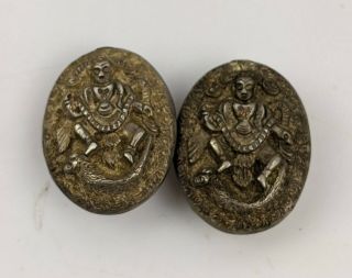 Indian Antique Silver Dress Studs Or Collar Buttons - Hindu Deity 19th Century