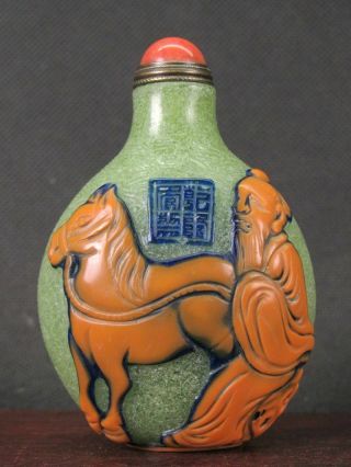 Chinese “bo Le” Horse Carved Peking Overlay Glass Snuff Bottle