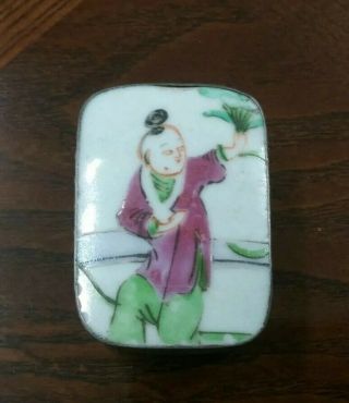 Antique Chinese Porcelain Shard Silver Plate 2 " Jewelry Trinket Box