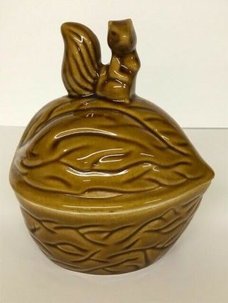 Ceramic Lidded Nut Dish Shaped Walnut With Squirrel On Top
