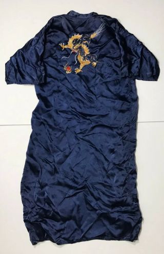 Vintage Antique Japanese Navy Silk Gold Embroidered Dragon Kimono Long Robe Sz S