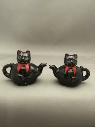 Vintage Japan 1950s Black Cat Green Eyes Teapot Shape Salt Pepper Shakers Exclnt