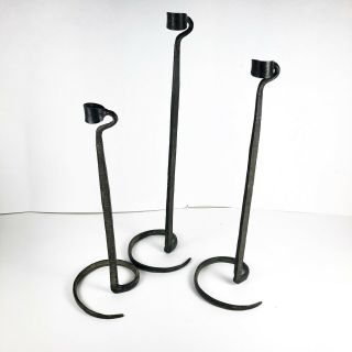 3 Vintage Lance Cloutier Wrought Iron Hand Forged Brutalist Candle Holders Mcm
