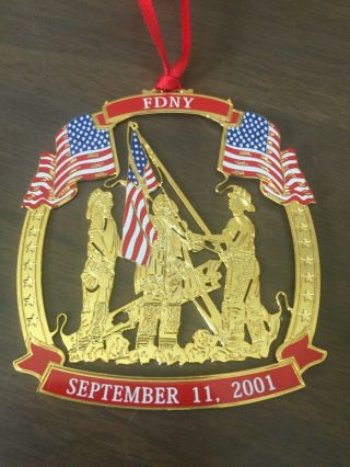 Fdny September 11 2001 Gold Tone With Red White & Blue Ornament
