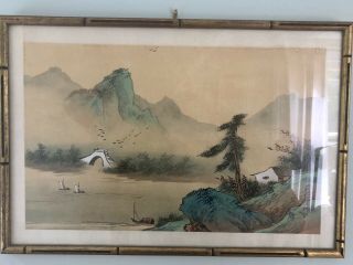 Vintage Framed Chinese Landscape Painting On Silk Gilded Frame Signed