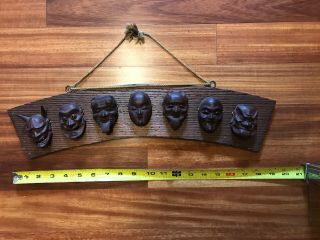 Antique Japanese 7 Lucky God Wooden Mask Set For Wall Hanging (rare) Very Old.