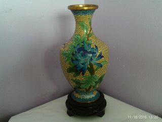 Fab Vintage Chinese Cloisonne On Brass Flowers & Butterfly Vase 21 Cms Tall