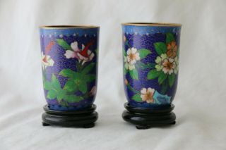 Two Vintage Chinese Cloisonne Cups And Wooden Stands