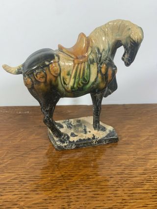 Chinese Tang Style Black War Horse Multi - Color Statues Sancai Ceramic Glazed Vtg