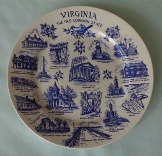 Virginia The Old Dominion State Souvenir Collector Plate Vintage Blue And White
