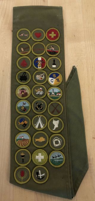 Boy Scout Eagle Merit Badge Sash,  29 Merit Badges; 1960’s Vintage