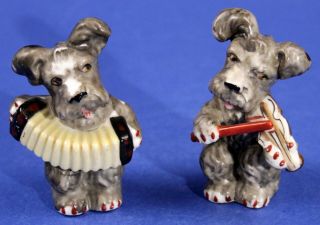 2 Vintage Animated Terrier Figurines Playing Violin & Squeezebox - Japan