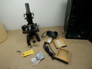 Vintage Bausch & Lomb Cm496 Microscope W/wood Case & Accessories 1950