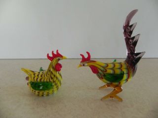 Vintage Lenox Glass Rooster And Hen Set - Green/yellow