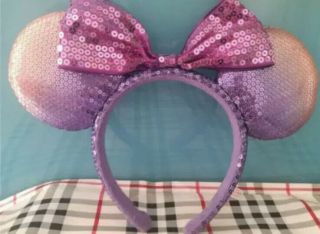 Tokyo Disney Resort Minnie Mickey Mouse Bow Purple Sequin Ears Headband Ears